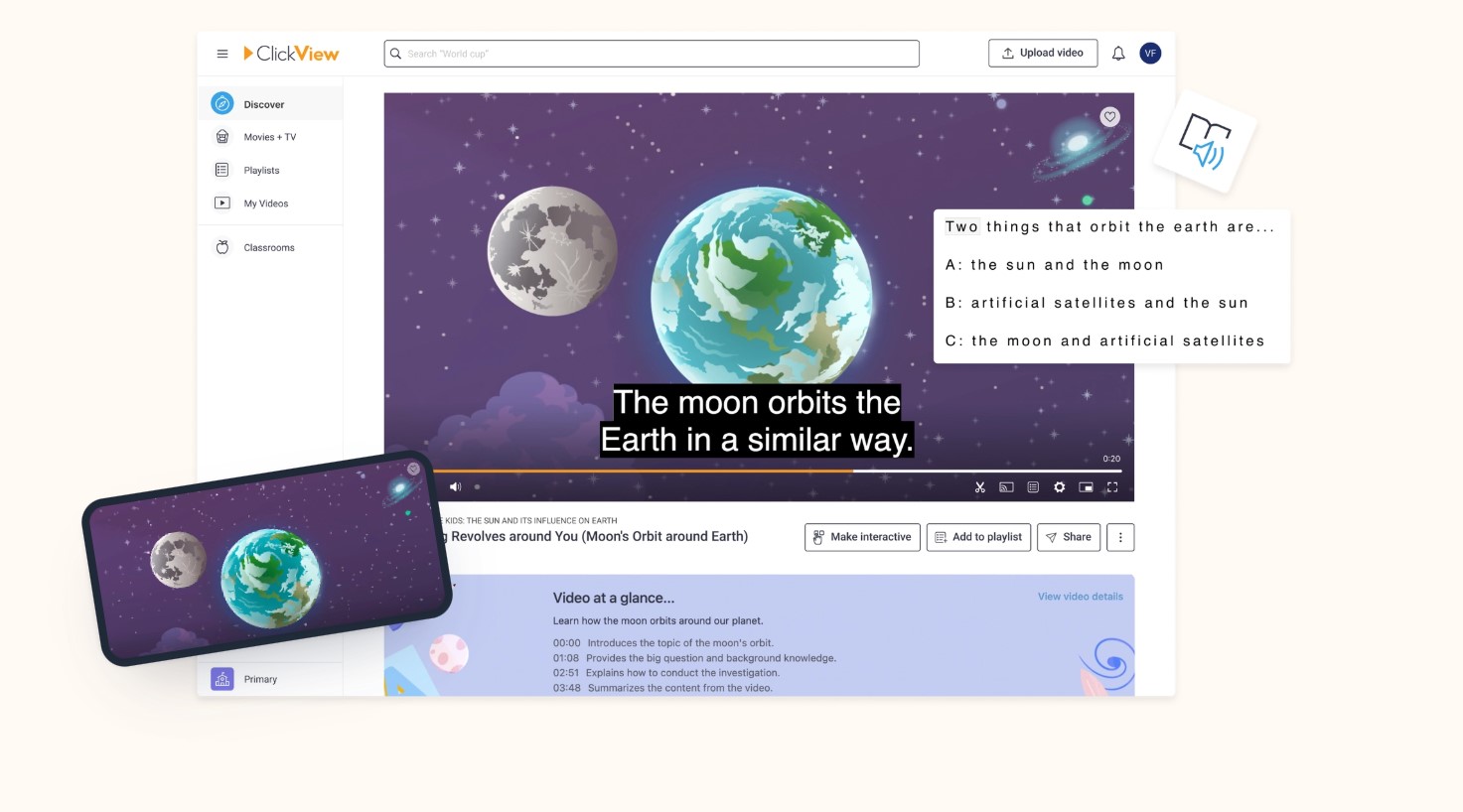 A screenshot of the clickview accessability page. The example is of a video about the moon orbiting the Earth.