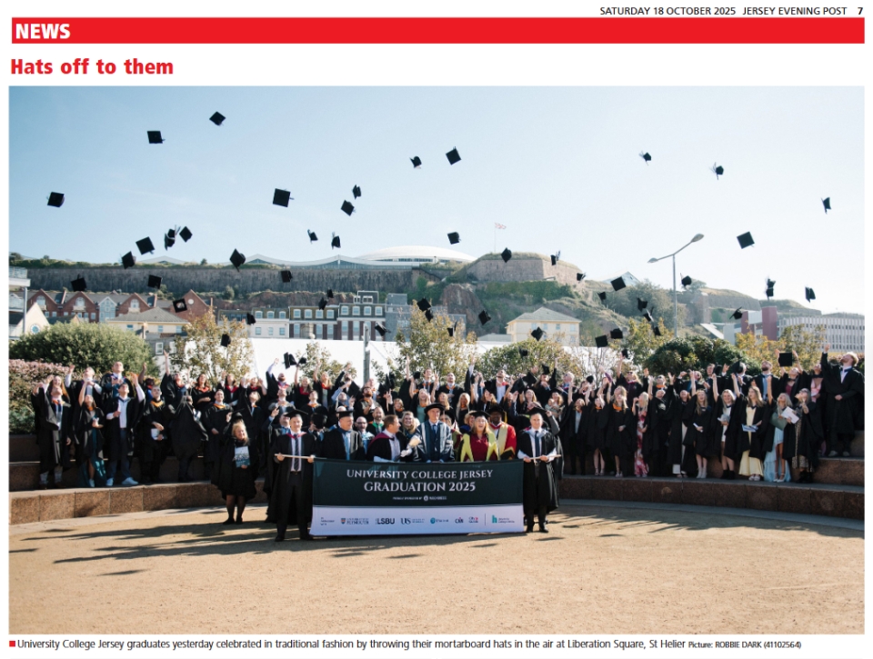 University College Jersey Graduation image of students throwing their hats in the air - in the Jersey Evening Post on Saturday 18 October 2025. 